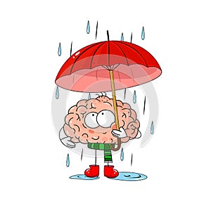 Cute illustration of human brain whith ambrella under the autumn rain. Beautiful character for concept of human emotions. photo